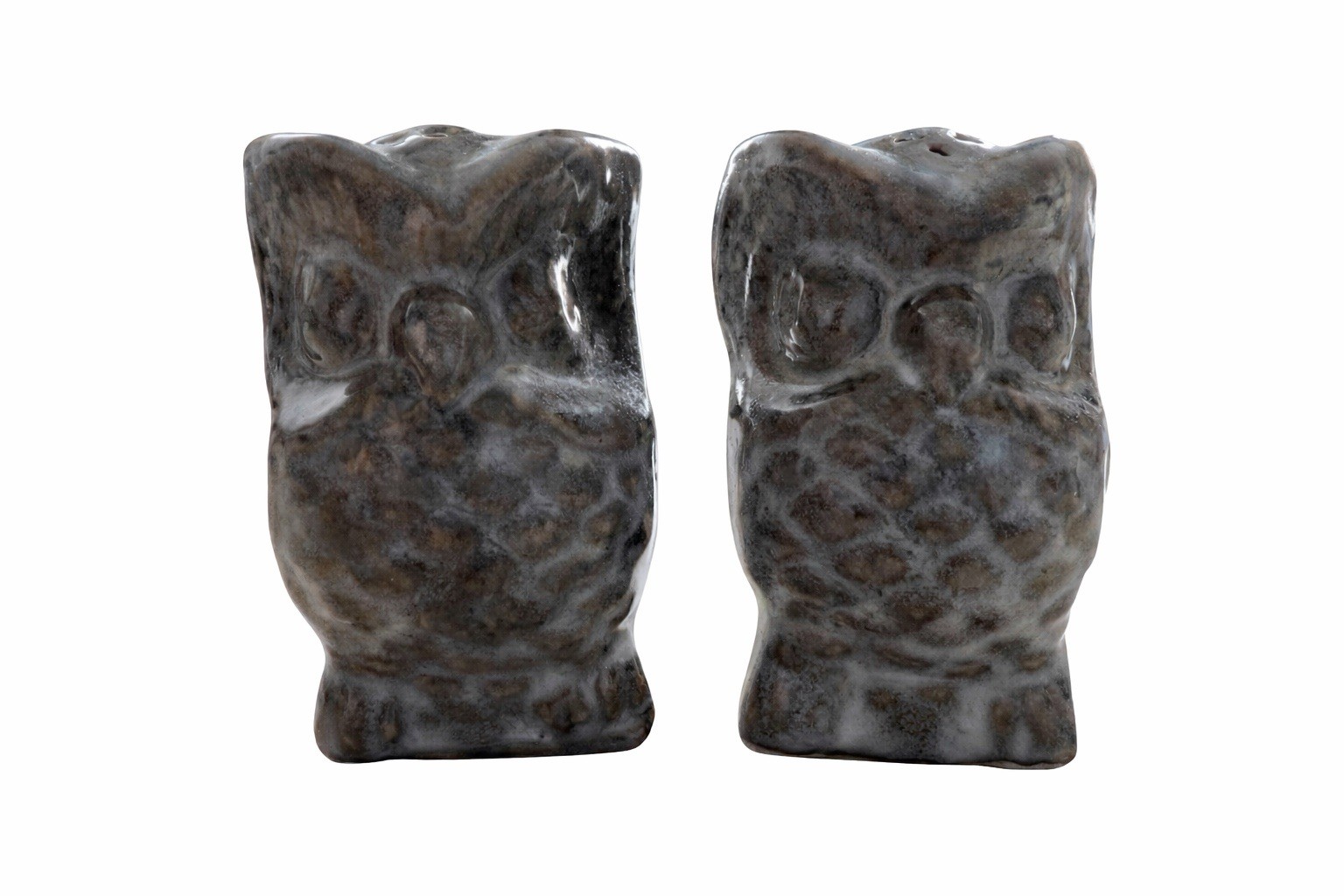 Pair Of  Owl Salt Pepper Shakers Glazed Ceramic Brown Gray Small w Stoppers