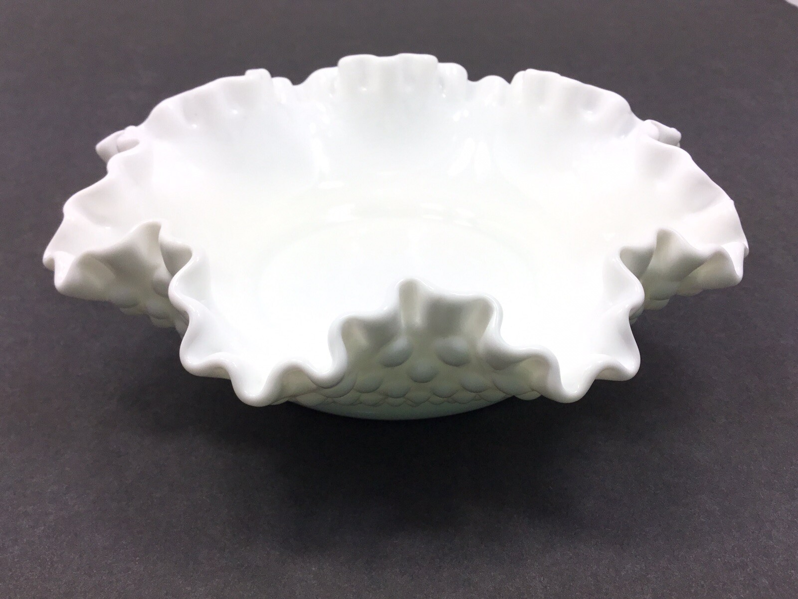 Vintage Fenton White Hobnail Milk Glass Bowl Ruffled Rim