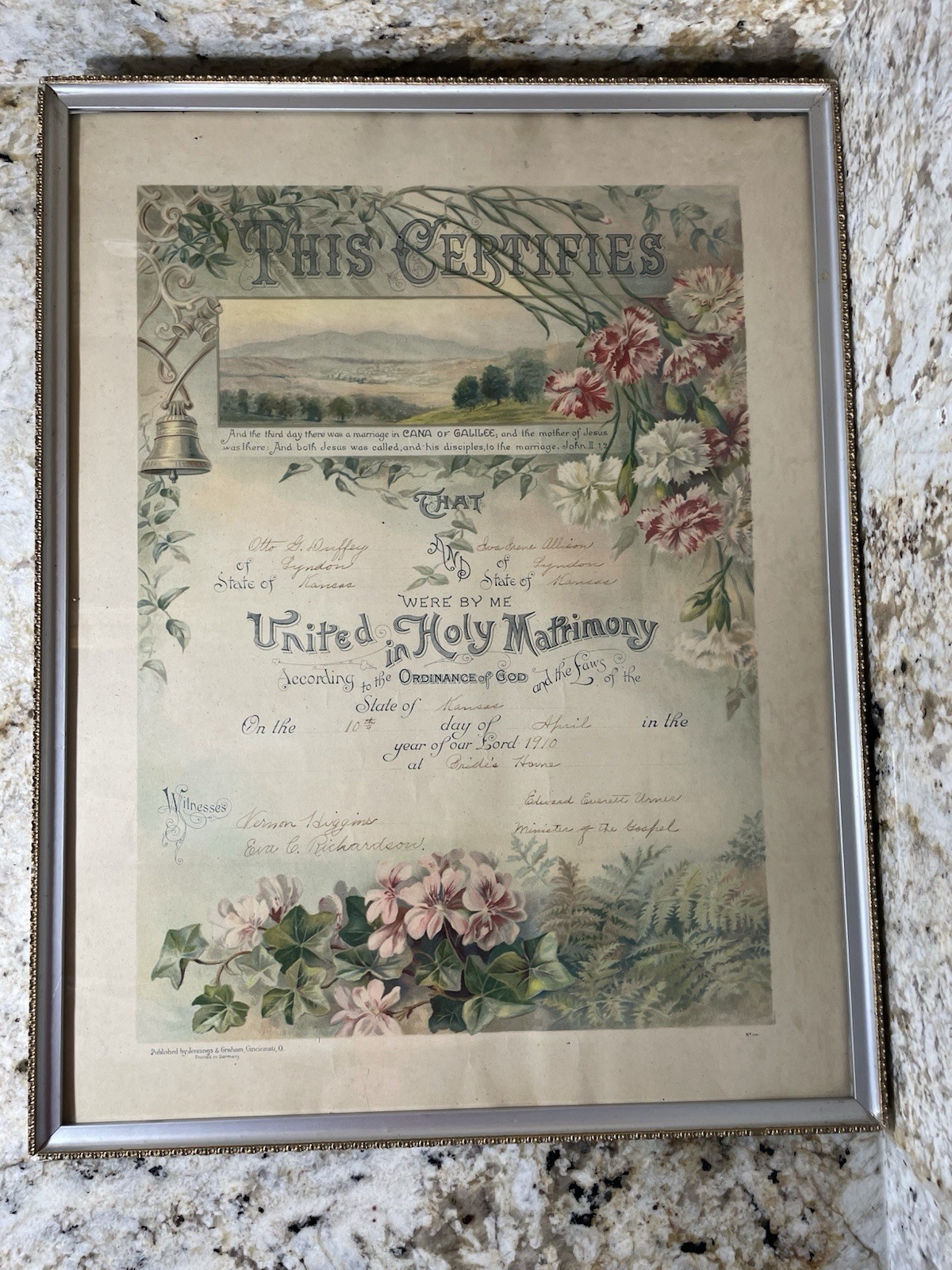 1910 Antique Lyndon Kansas Marriage Certificate, April 10th, 1910. Framed