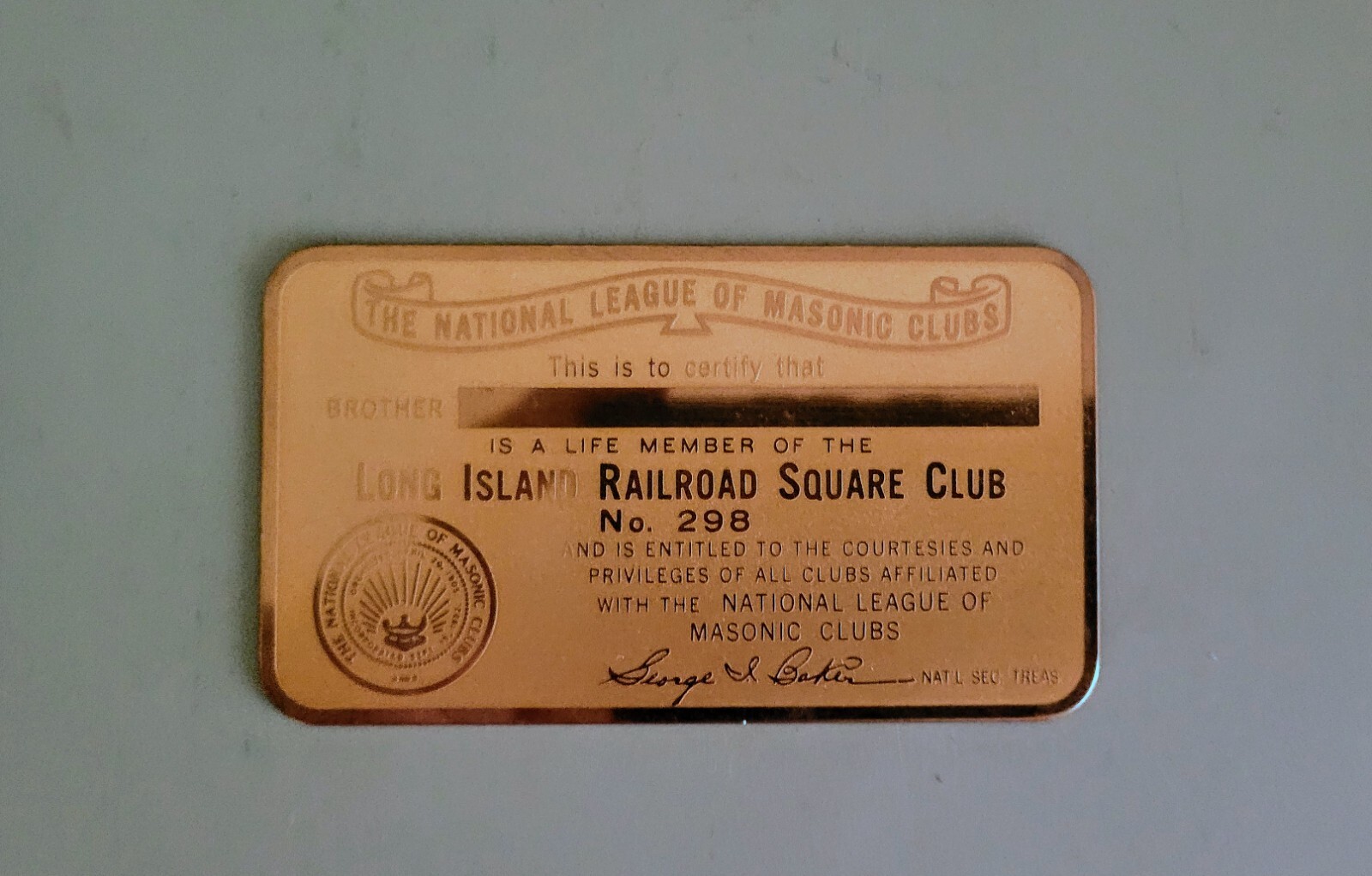 Vintage Brass Membership Card Excellent Condition (Freemasonry)