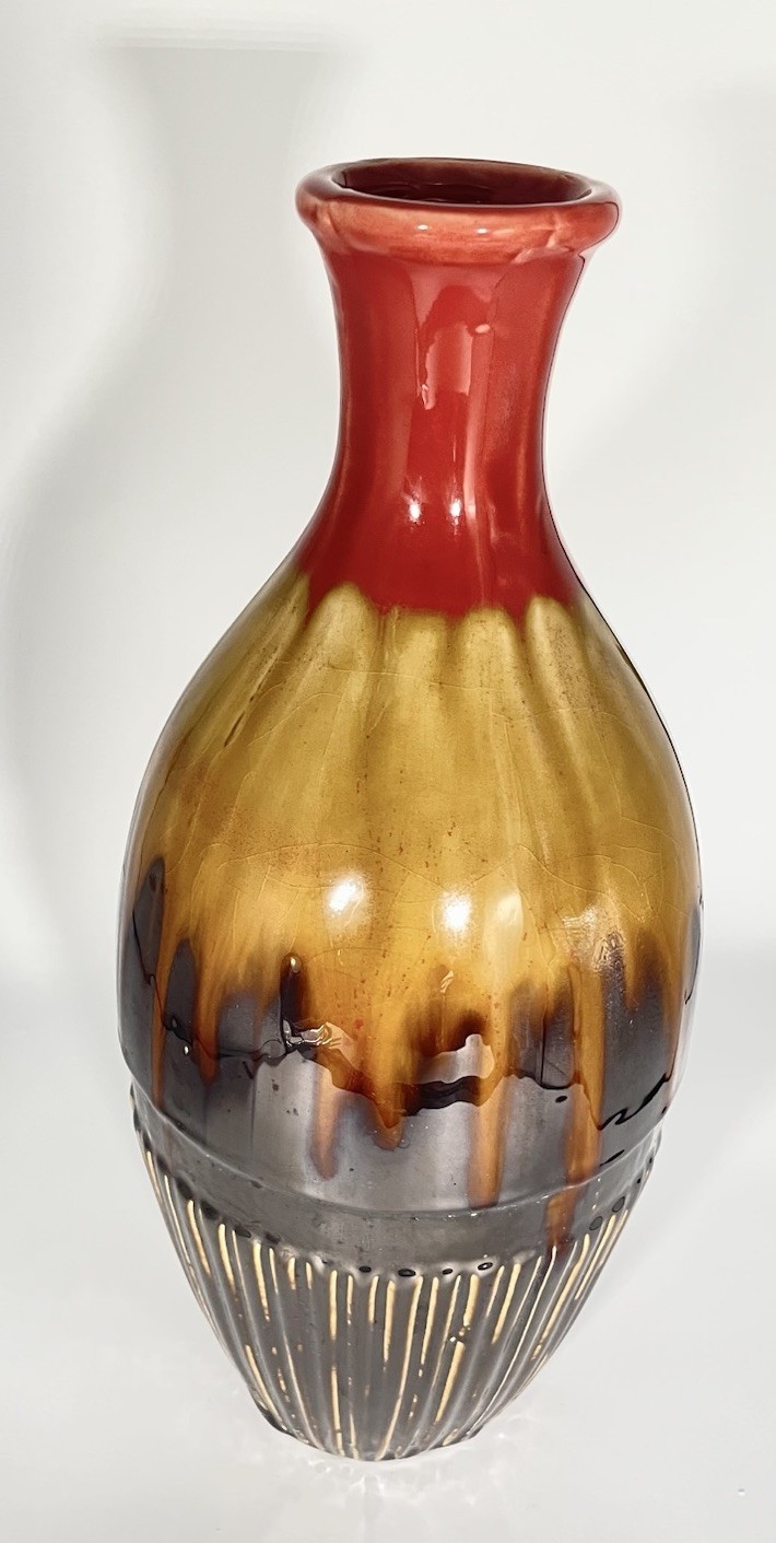 Modern Art Pottery 14.5”  Ceramic  Vase Red Amber Brown Drip Glaze Decorative