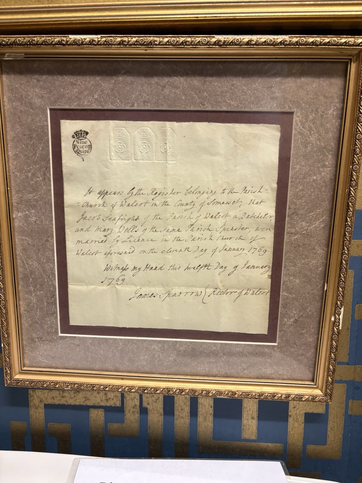 marriage Document 1769 Walcott Somerset, England With Tax Stamps George III￼