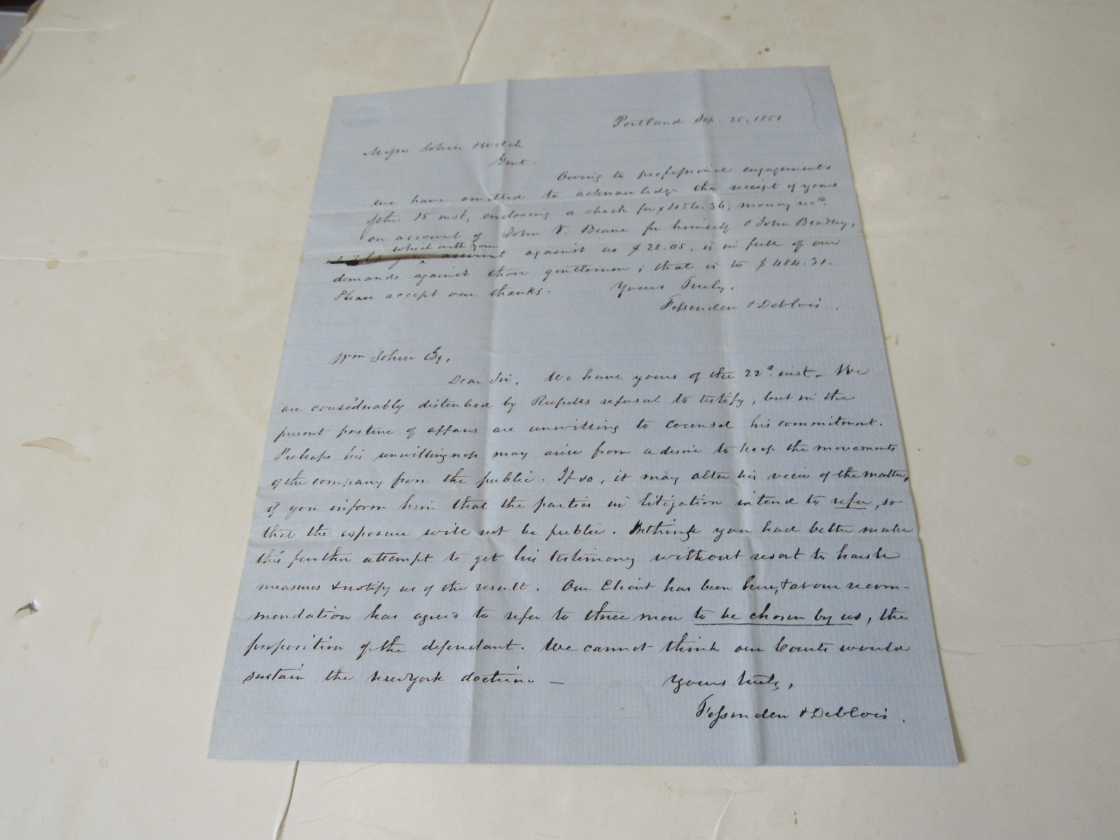 ALS from the Law Firm of Fessenden & Deblois 1851