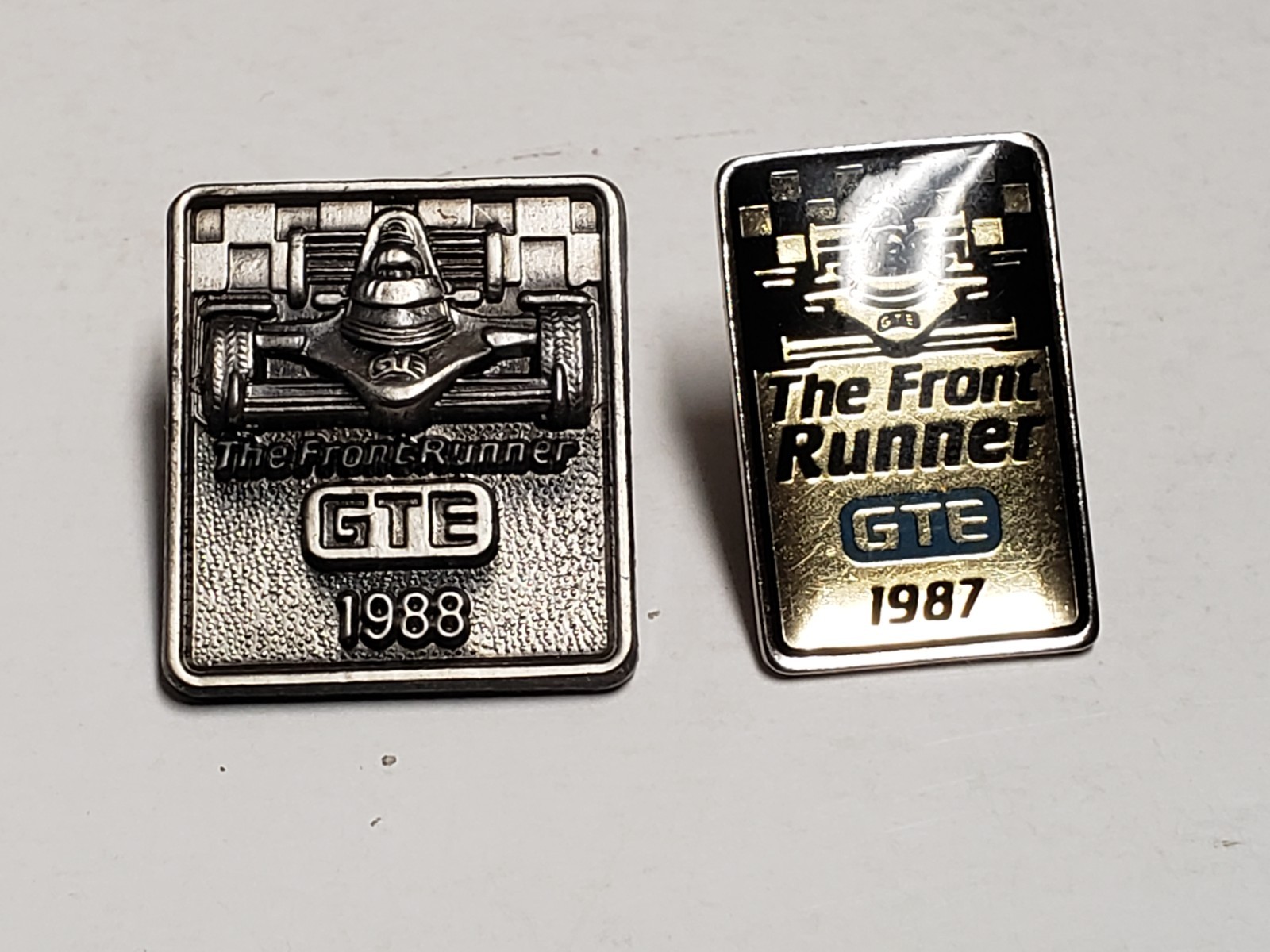 Vtg Lot Of 2 GTE Front Runner Pins - 1987, 1988 Racing Lapel Indy 500