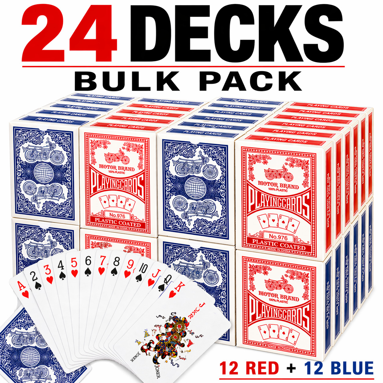 24 Decks Playing Cards Bulk Pack, Poker Size Standard Index, Red & Blue