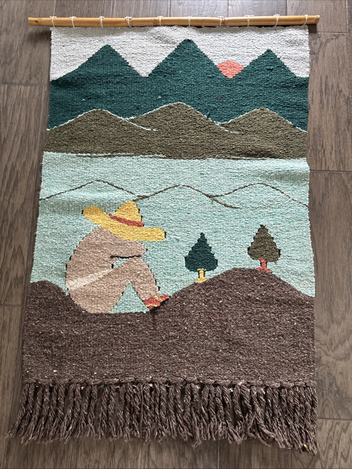 SW/Mexico Woven-Wool Hanging Tapestry, SW Design, 28”x43” On Bamboo Pole PO-LN