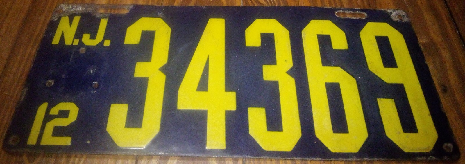 Antique 1912 New Jersey Porcelain License Plate 34369 Horace E. Fine Co. Trenton