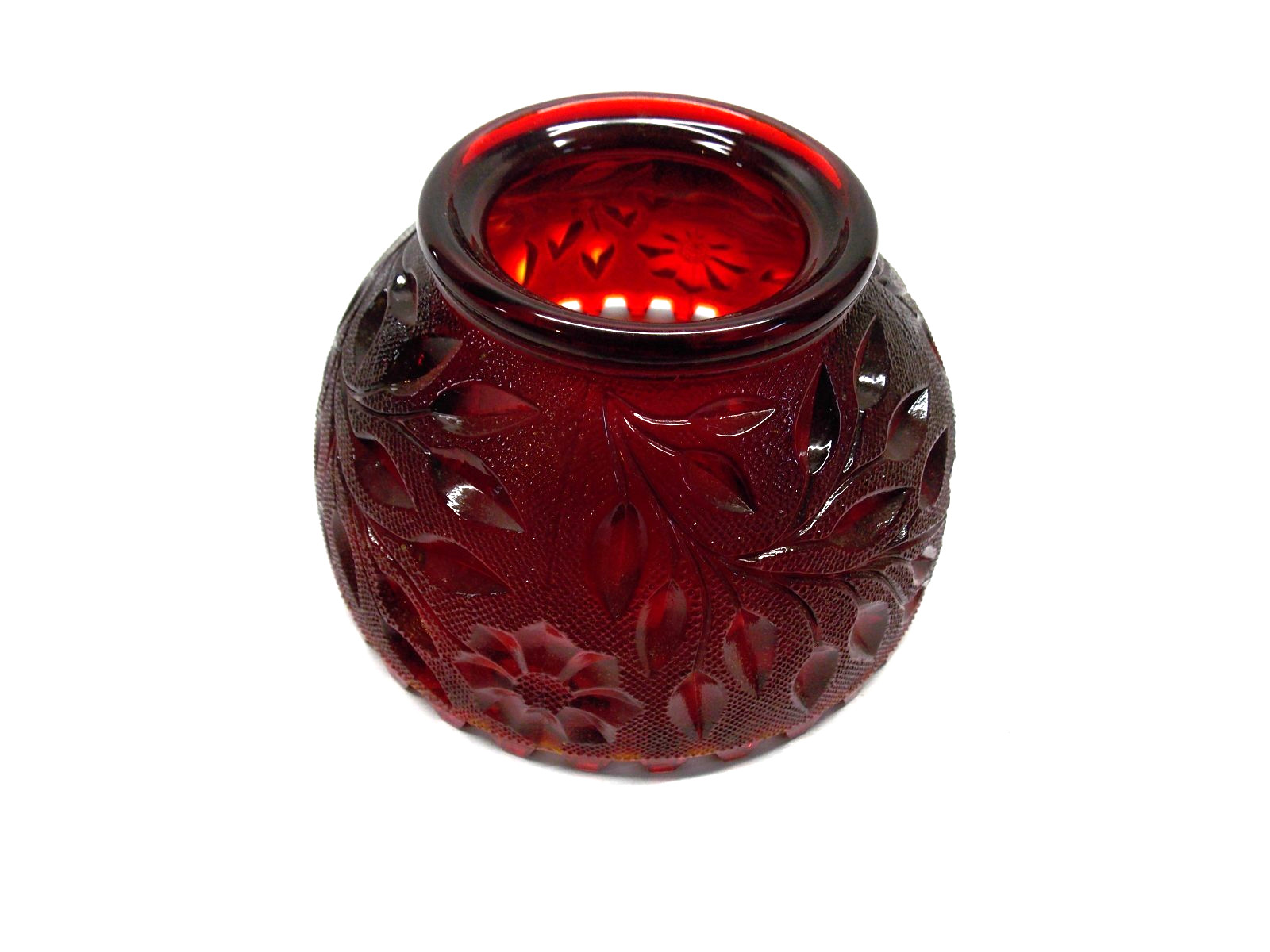 WESTMORELAND RUBY RED FAIRY LAMP GLOBE FIREBALL WILDFLOWER & LACE PATTERN TOP *