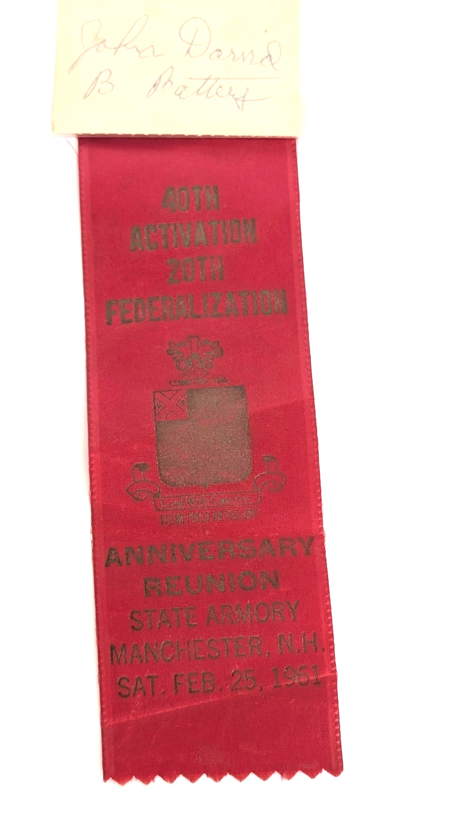 172nd Field Artillery Anniversary Ribbon State-1961 Armory Manchester NH