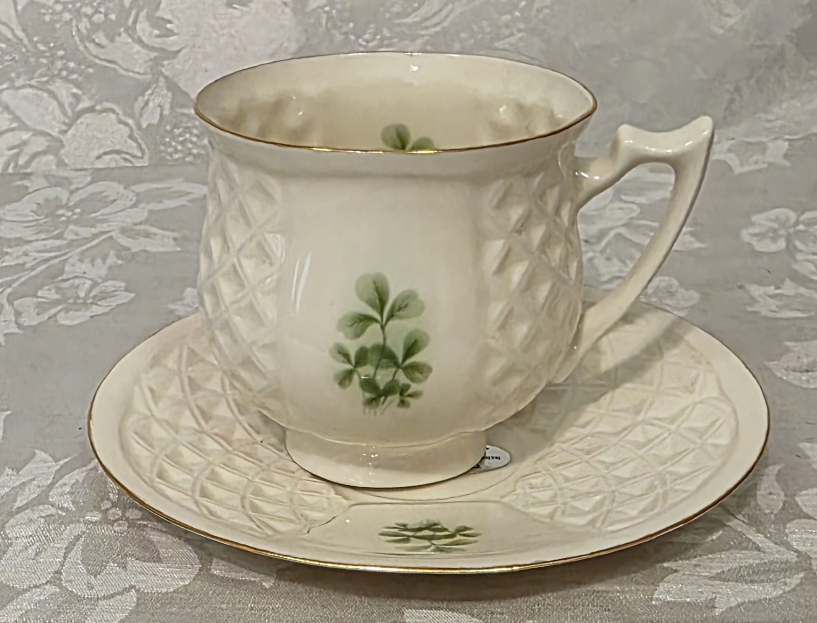 DONEGAL IRISH PARIAN CHINA CUP AND SAUCER SHAMROCKS ORIG BOX BIN01
