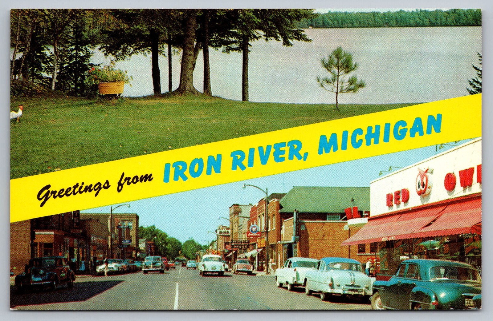Iron River Michigan Greetings~Hagerman Lake~Genesee St~Red Owl~UNP 1958 Postcard