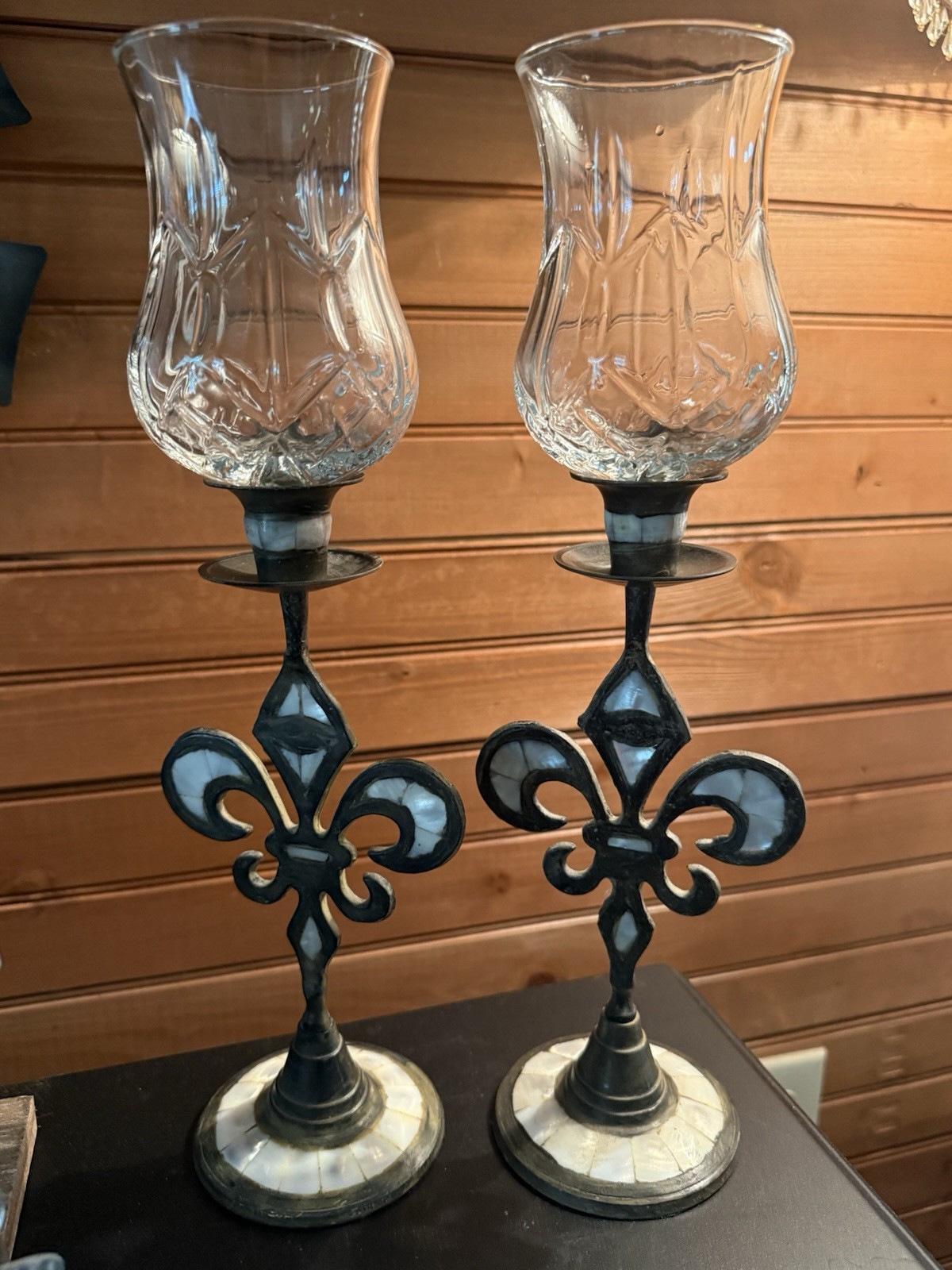 Vintage Solid Brass Candle/Chamber Stick Holders with Mother of Pearl Inlay Pair