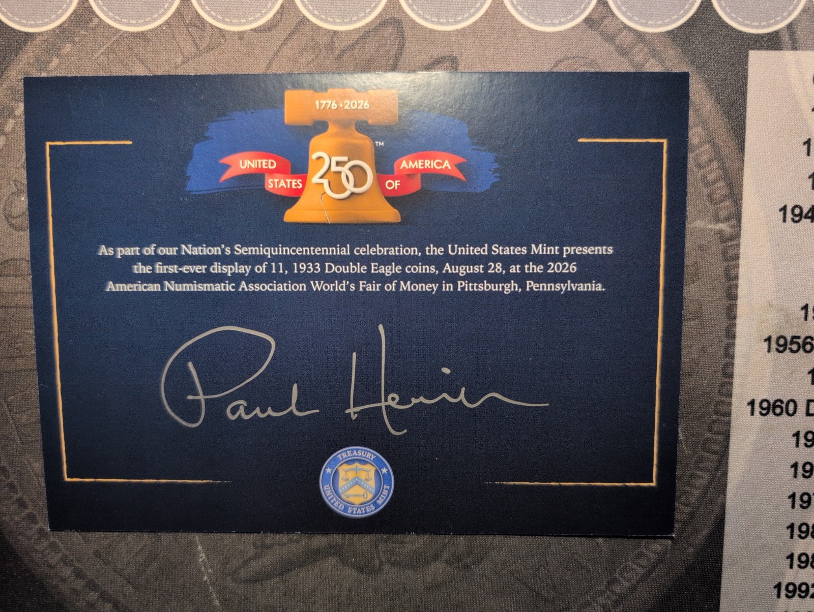 Paul Hollis US Mint Director Signed ANA Worlds Fair of Money 250th America Card
