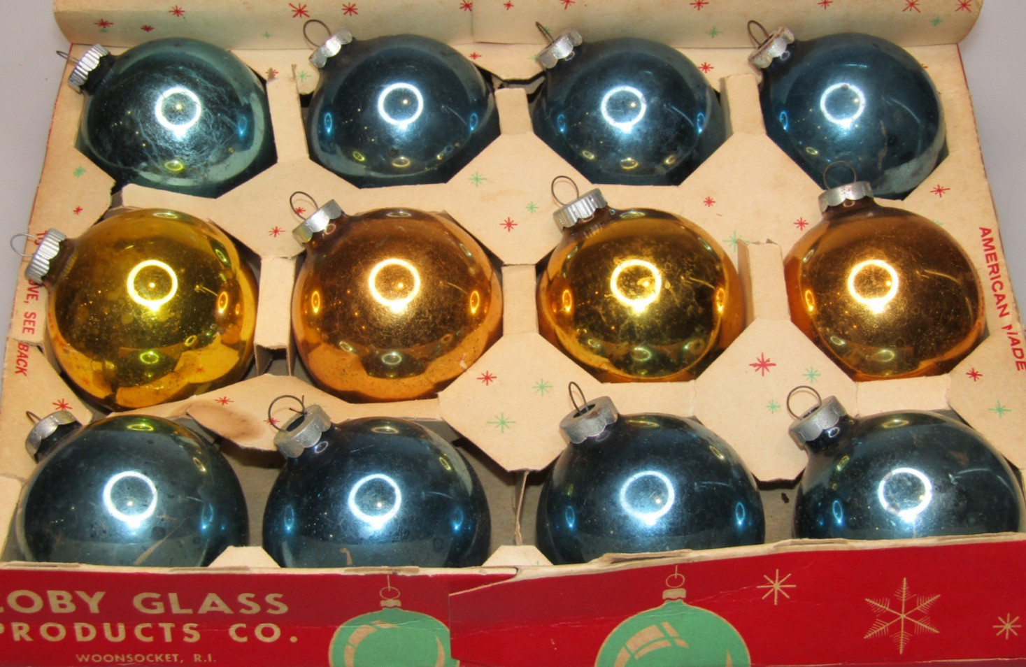 Lot Vintage Glass Blue Gold Plain BALL Christmas Ornaments US of A Coby