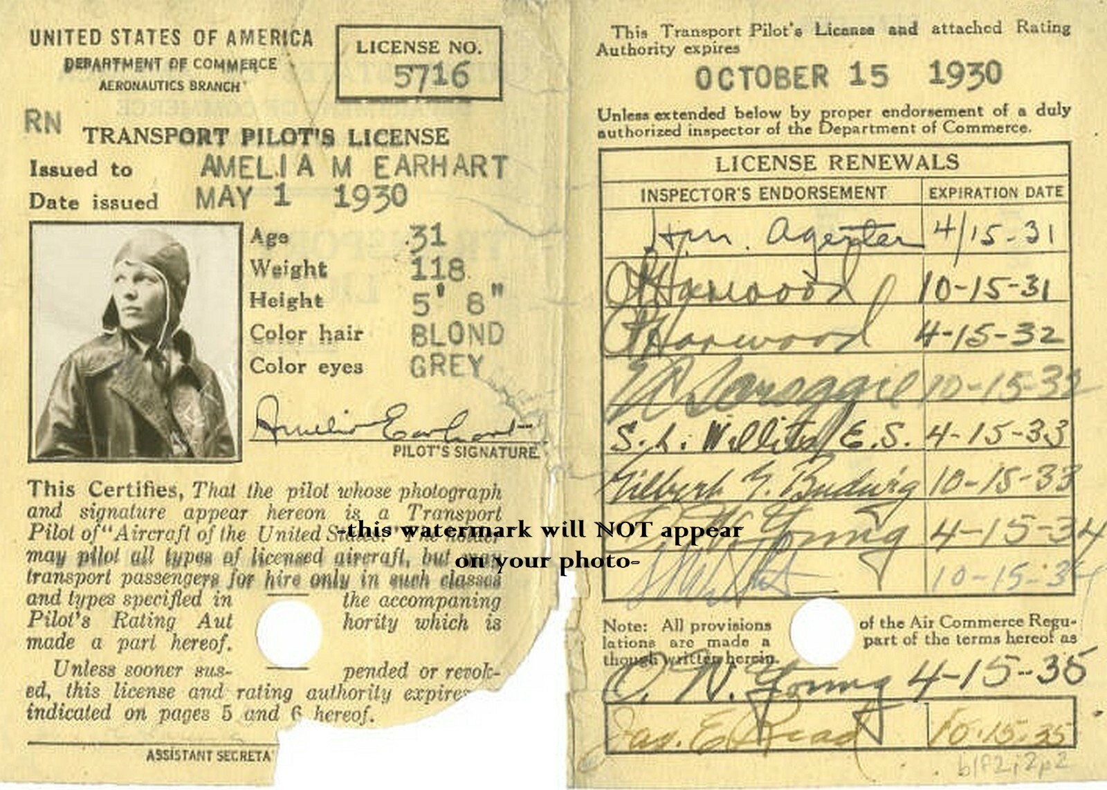 1930 Amelia Earhart Pilot\'s License PHOTO,No Joke Autograph  / Signature Shown