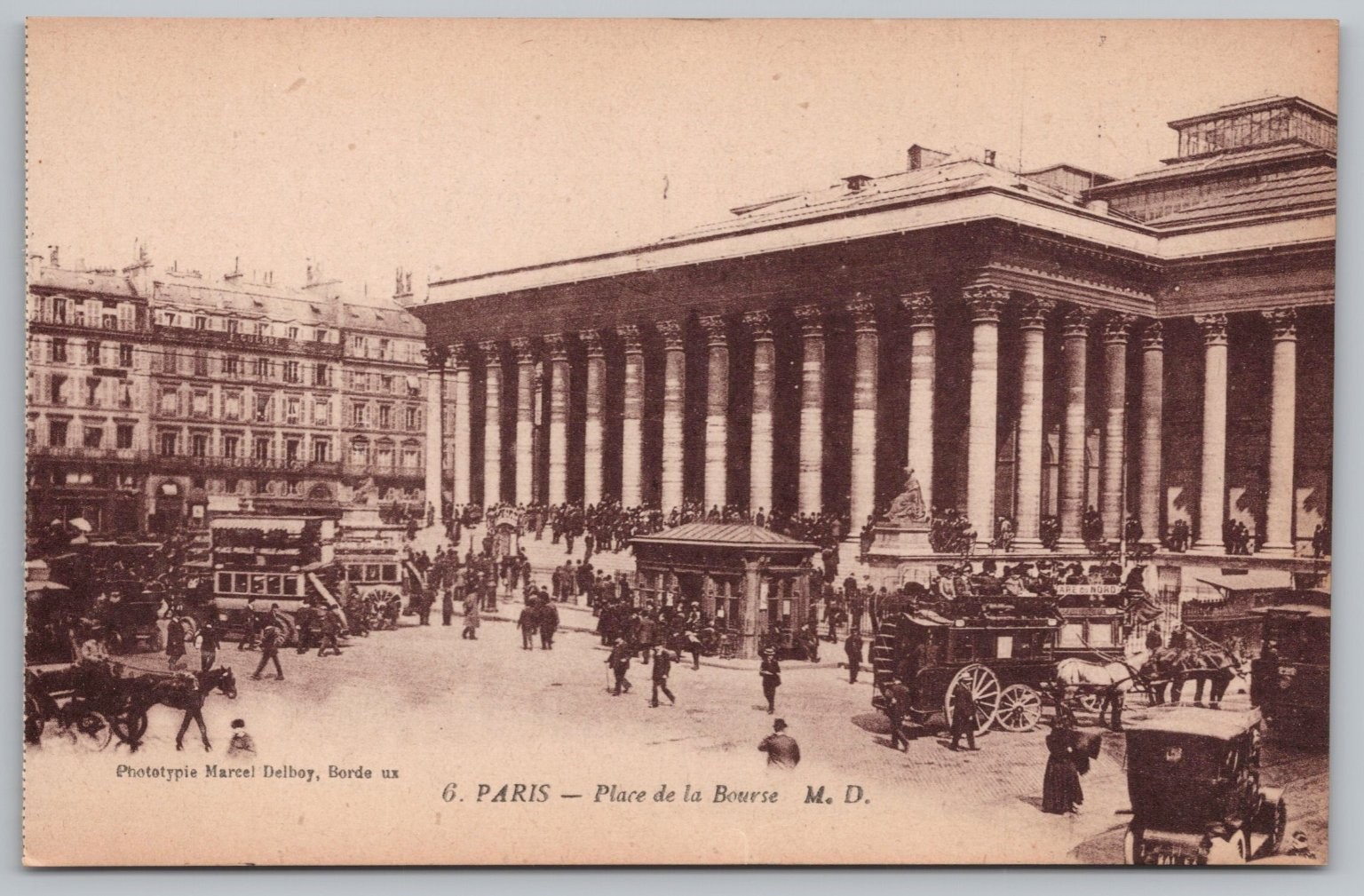 Paris Place de la Bourse Stock Exchange Horse Carriage Trams Postcard c1900s UNP