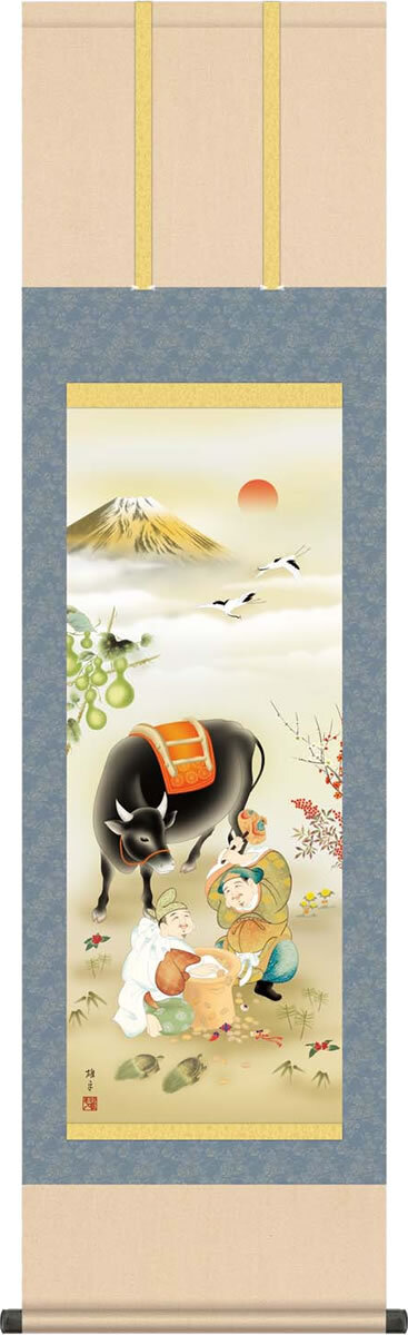 Zodiac Hanging Scroll Good Luck Golden peak & Black Ox by Yuhei Ukai made in JP
