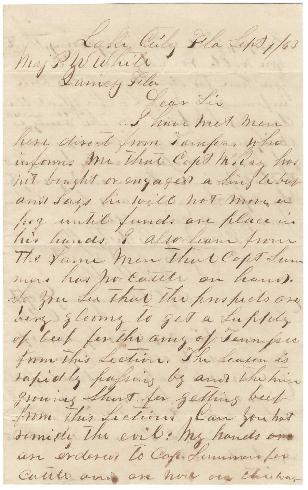 Confederate Commissary Agent Complains No Beef Or Money For Increasing Troops