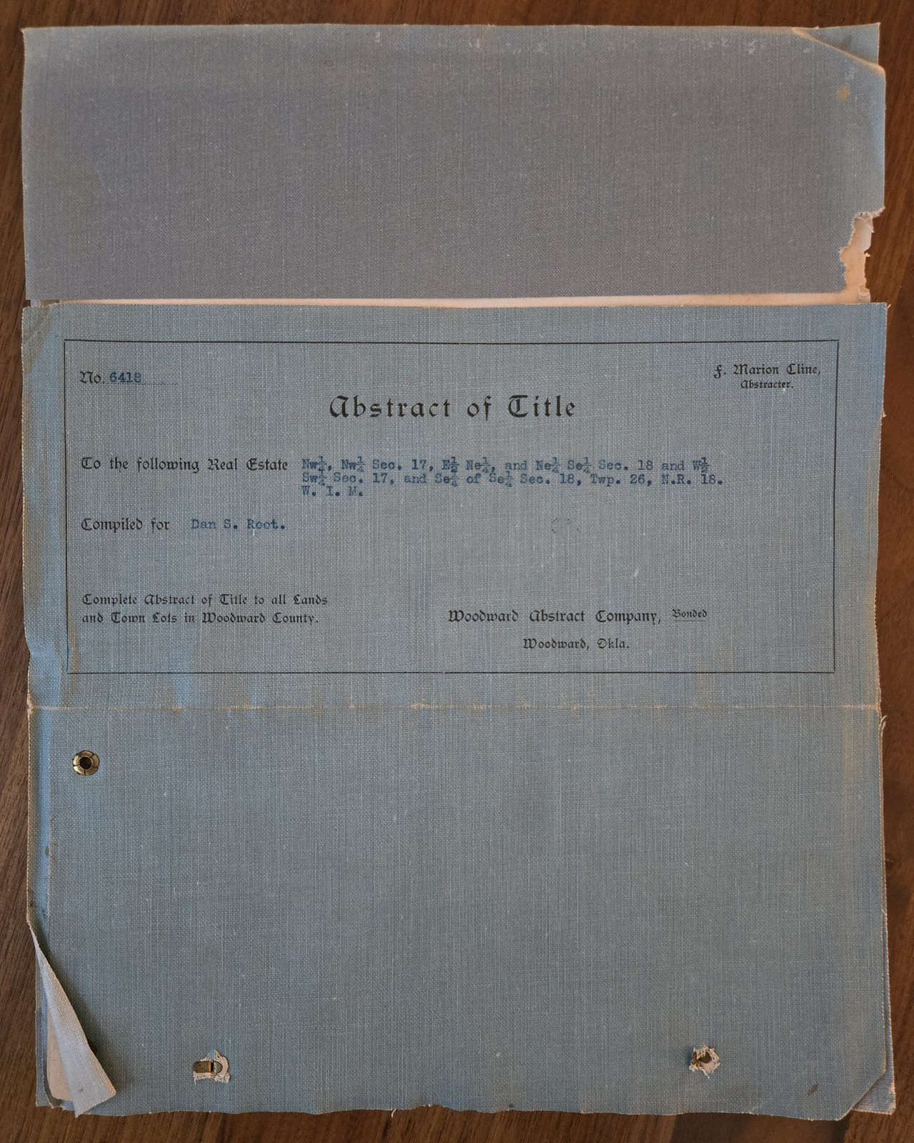 Antique 1937 Abstract of Title Woodward County Oklahoma Land Deed Document