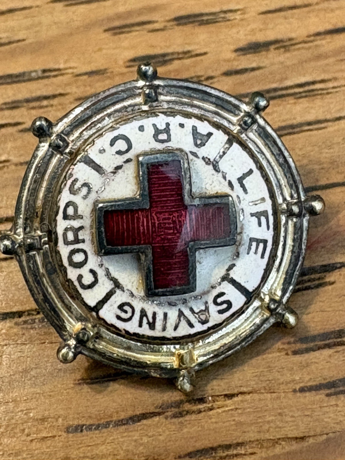 Vintage WWII American Red Cross A.R.C Life Saving Corps Enamel Wheel Brooch Pin