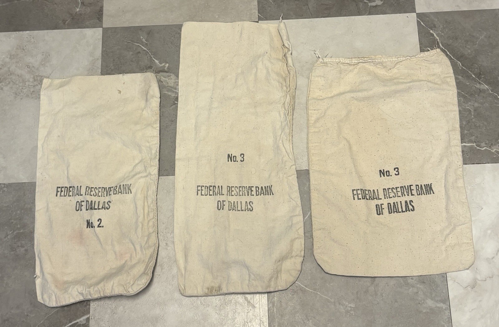 Vintage EMPTY No. 2 & Two No. 3 Federal Reserve Bank Of Dallas Bank Bags~ Canvas