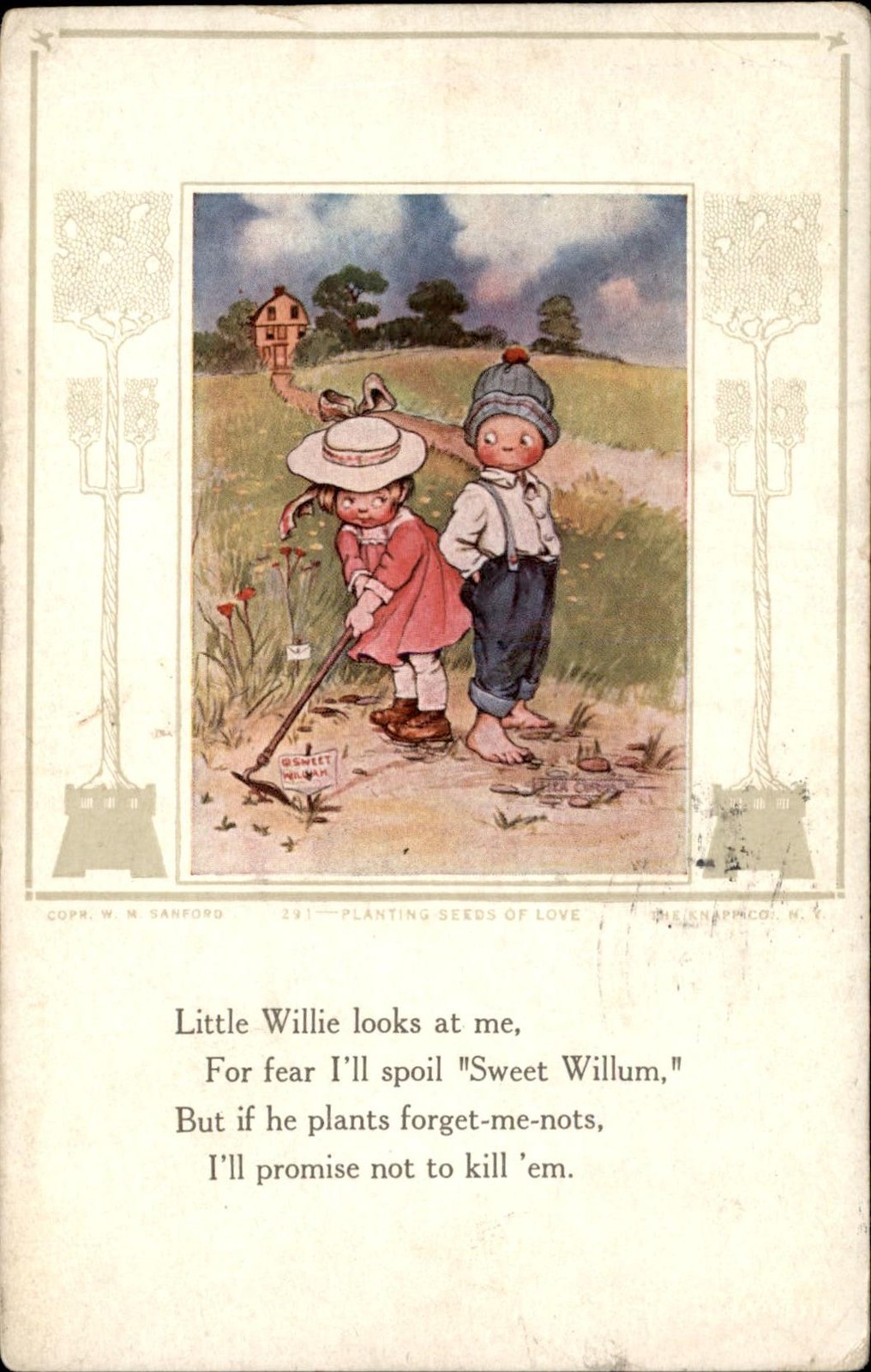 Children planting flowers Humor W. M. Sanford c1910s Vintage Postcard