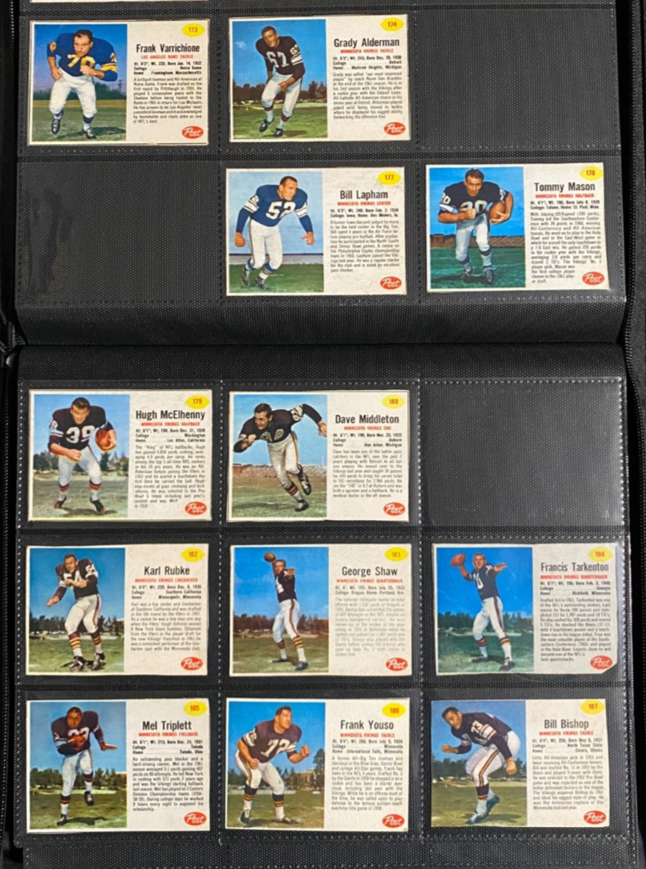 FOOTBALL CARDS:1962 POST CEREAL MINNESOTA VIKINGS 11 0F 14, MISSING #175,176,181 FOOTBALL CARDS:1962 POST CEREAL MINNESOTA VIKINGS 11 0F 14, MISSING #175,176,181