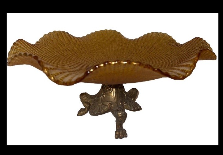 Antique Fenton glass Ruffled Pedestal ￼bowl with a brass Claw Foot 