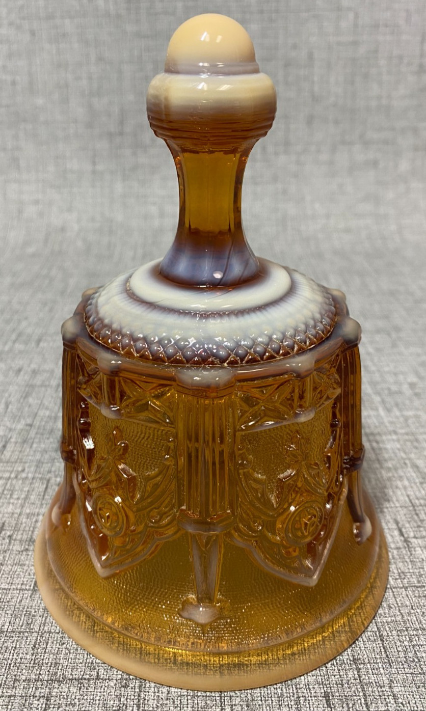 Vintage Fenton Glass Bell Opalescent Amber Handmade Shield Panel Design
