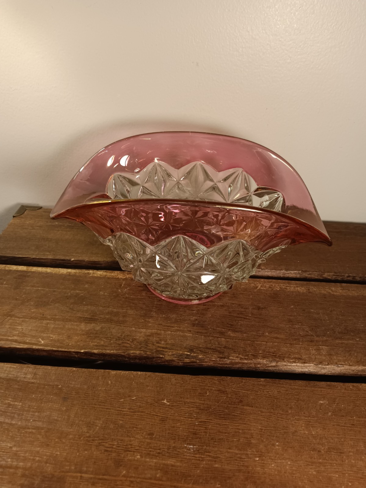 Vintage Pressed Clear Glass Bowl, Ruby Flashed Band & Base, Pulled Edges