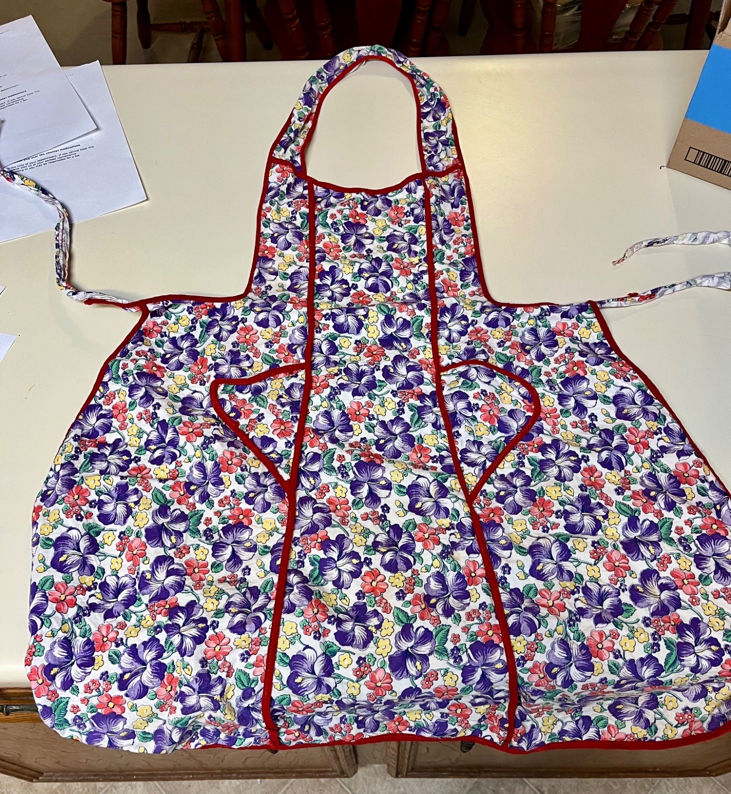 Vintage Full Bib Apron Red Blue Green Floral  Cottage Country