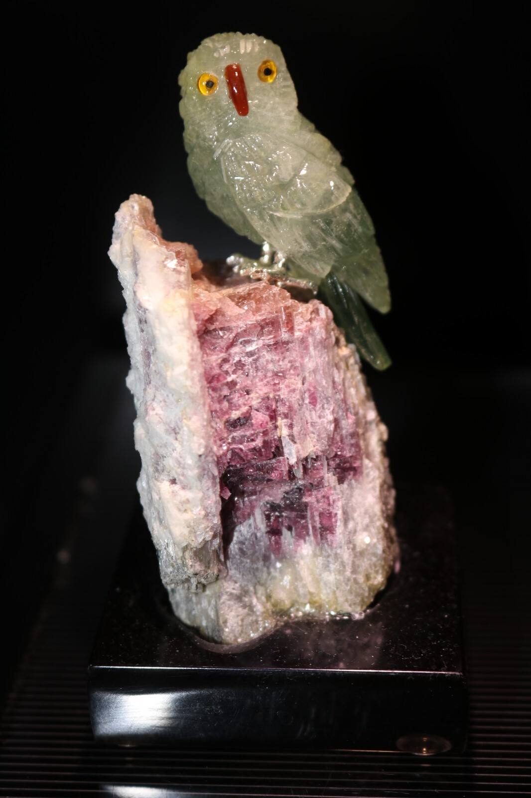 Peter Muller Hand Carved Blue Calcite Owl on Tourmaline Base 3 1/4