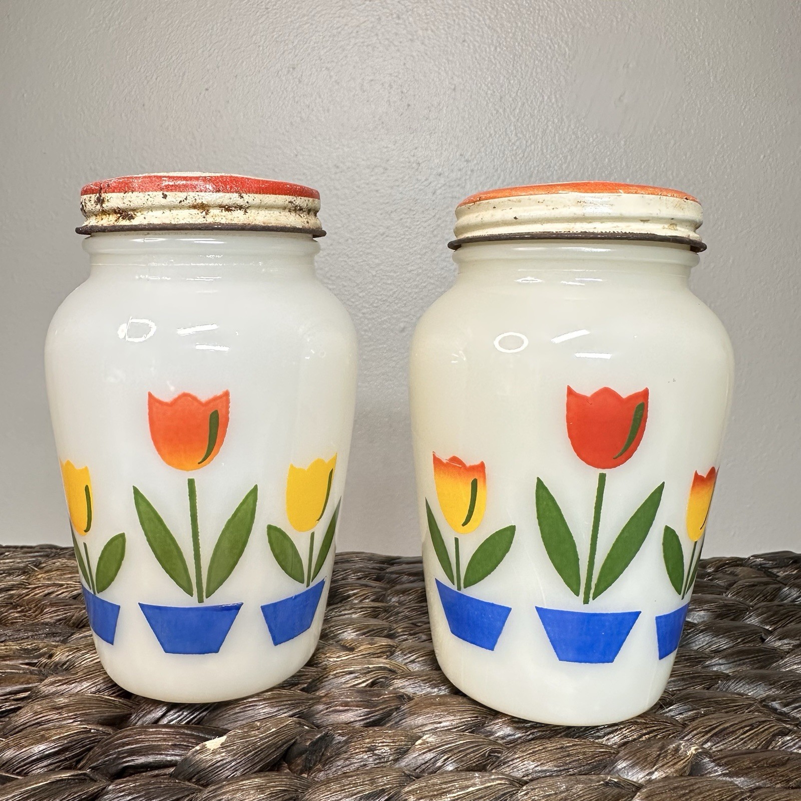 Vintage AH Fire King Milk Glass Floral Tulip Salt & Pepper Shakers 4.25\