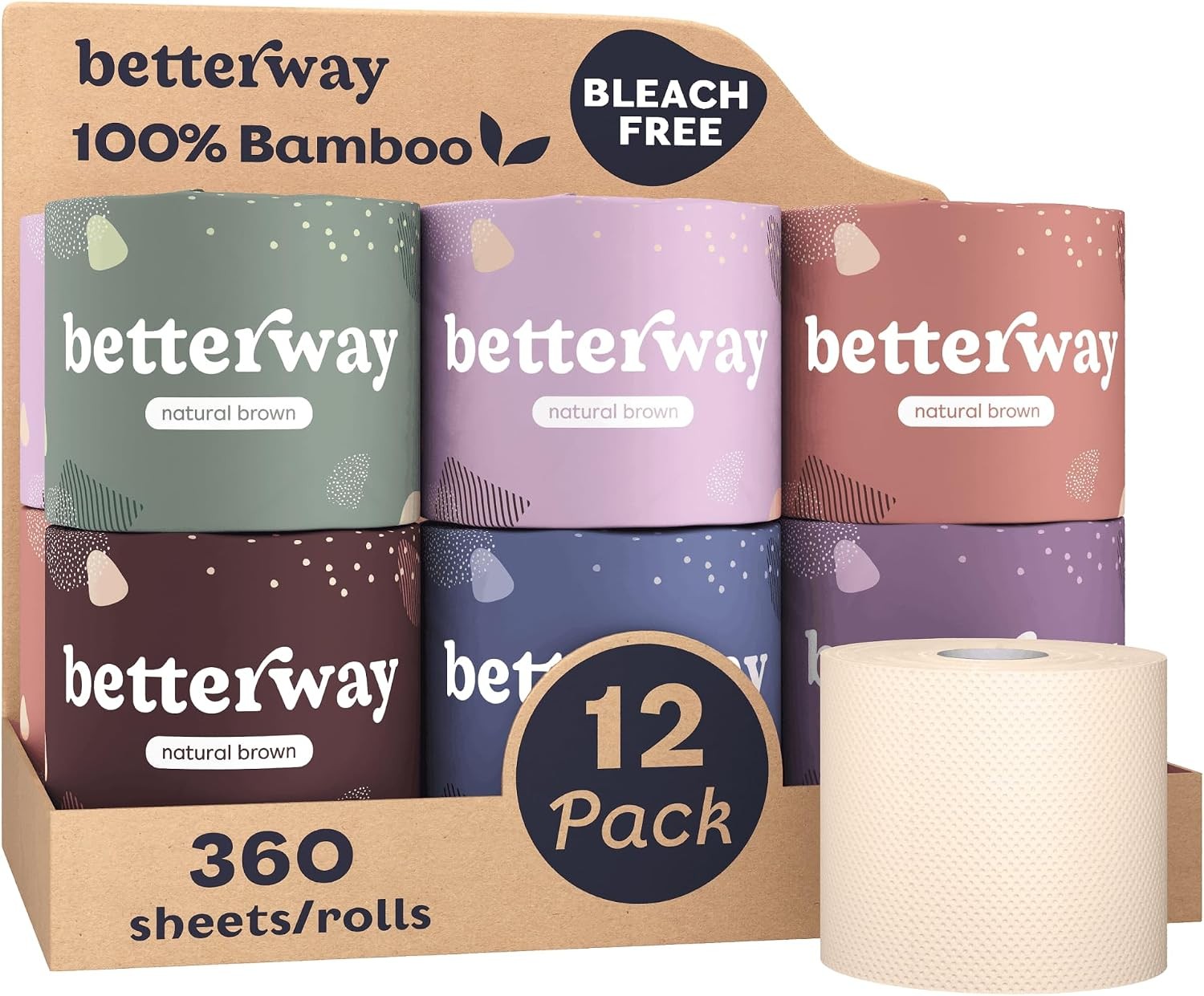 Betterway Unbleached Bamboo Toilet Paper 3-Ply Eco-Friendly Bath Tissue 360 Shee