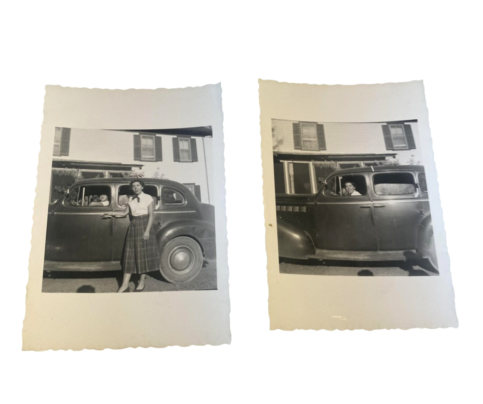 Vintage 1953 Women With Car Snapshot Photos 2pc 2.5x3.5 B&W Gelatin Original