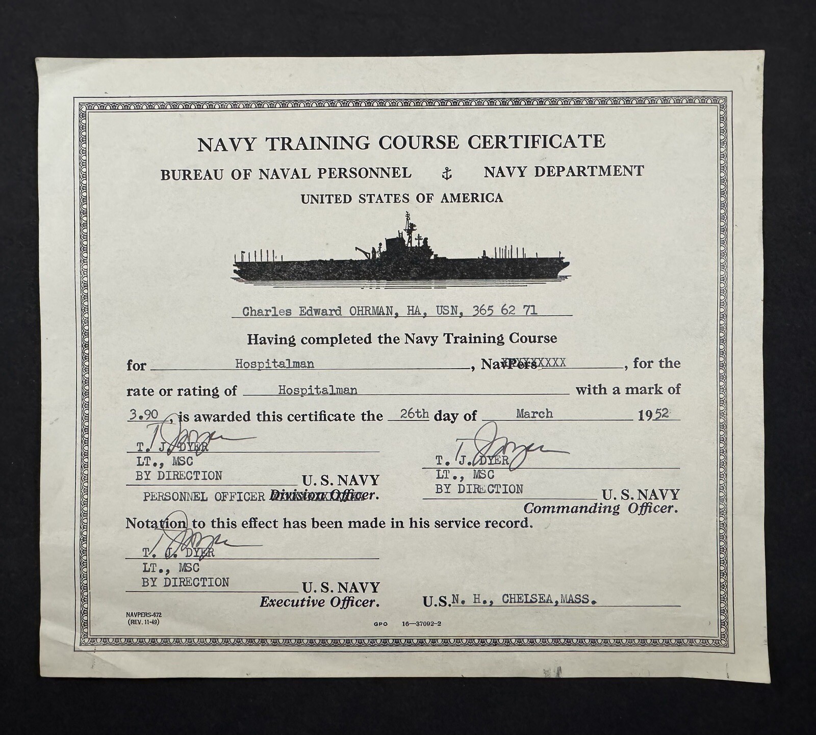 Vintage 1952 United States Navy Training Course Certificate