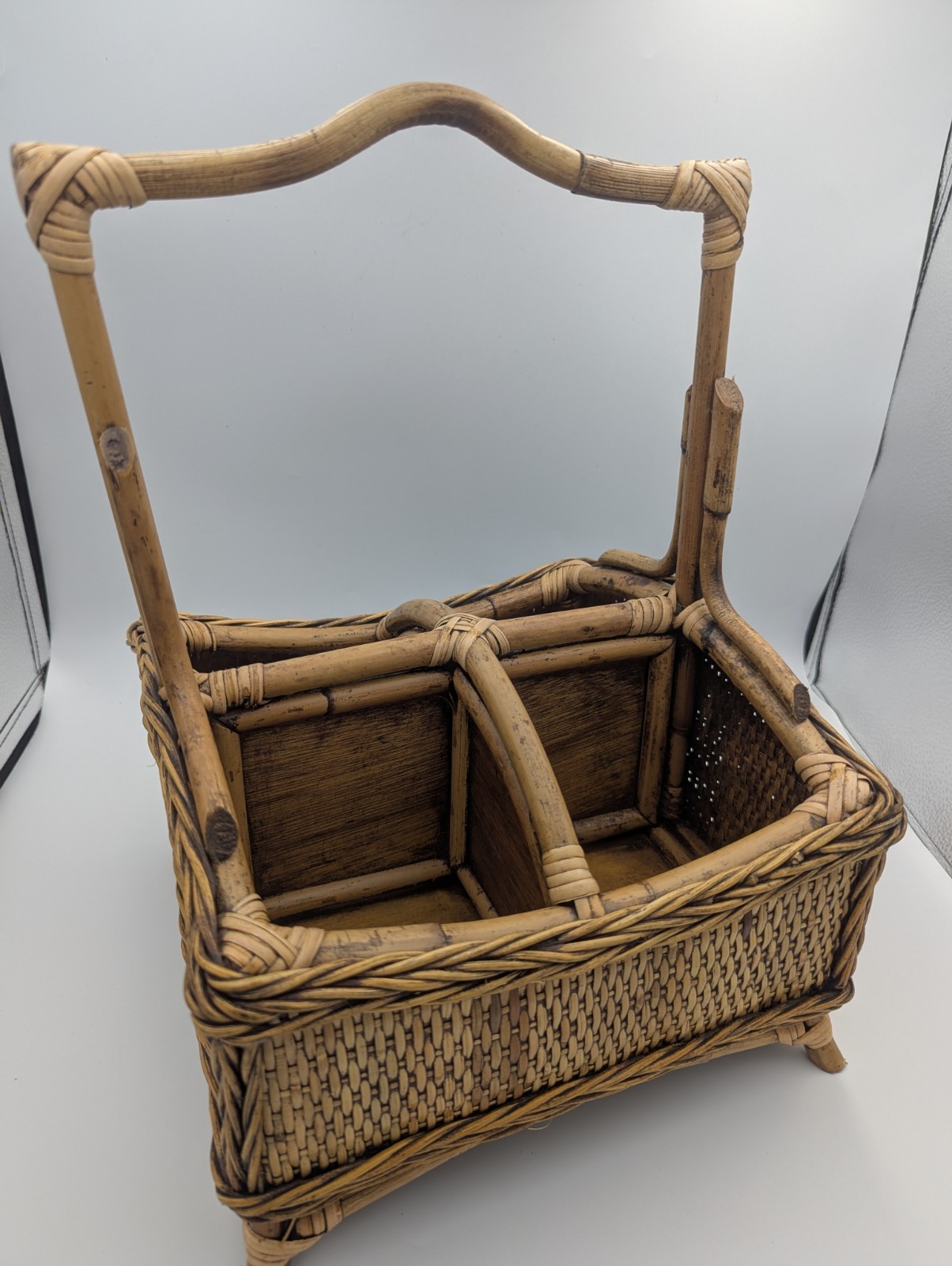 Vintage 1970s Bamboo Wicker Wine Caddy Basket Boho Mid Century Utensil Organizer