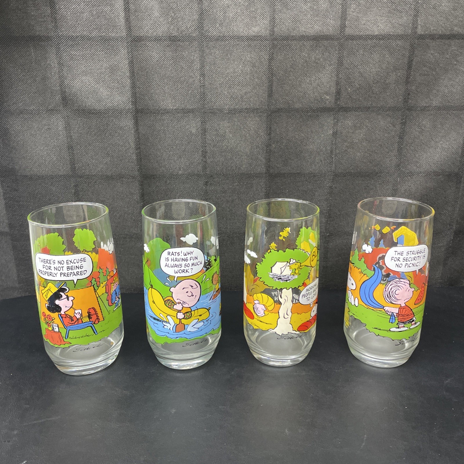Lot of 4 McDonald's Peanuts Camp Snoopy Collection Glasses 6” Tall, 1965 - 1968