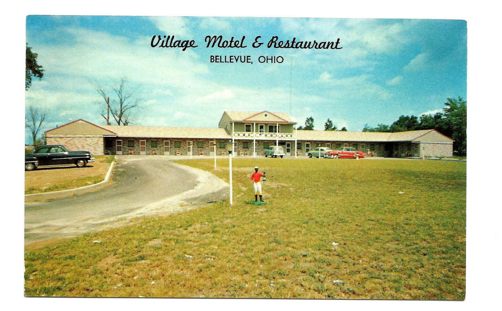 Bellevue OH Postcard Ohio Village Motel Restaurant Norwalk c1950s