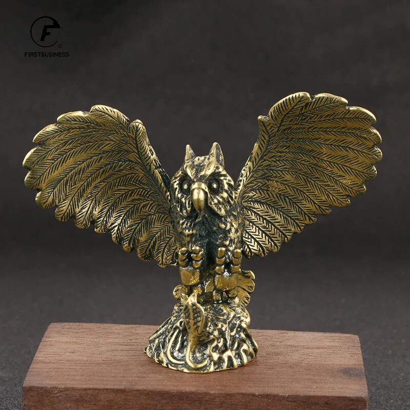 Solid Brass Owl Figurine Miniature Tea Pet Arts Crafts Desktop Small Decoration