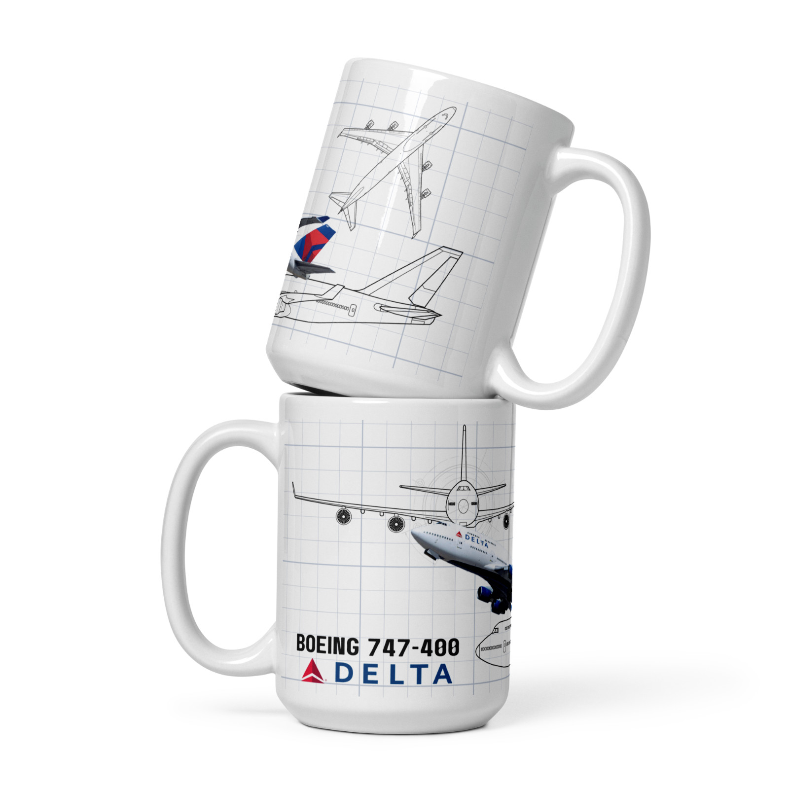 Delta Airlines Boening 747-400 Ceramic Mug 15oz Blueprint Theme Queen of The Sky