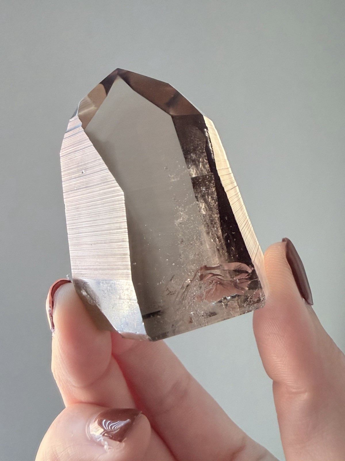 Semi-Polished Smoky Lemurian Quartz Point Tower | Rainbow & Lemurian Striations