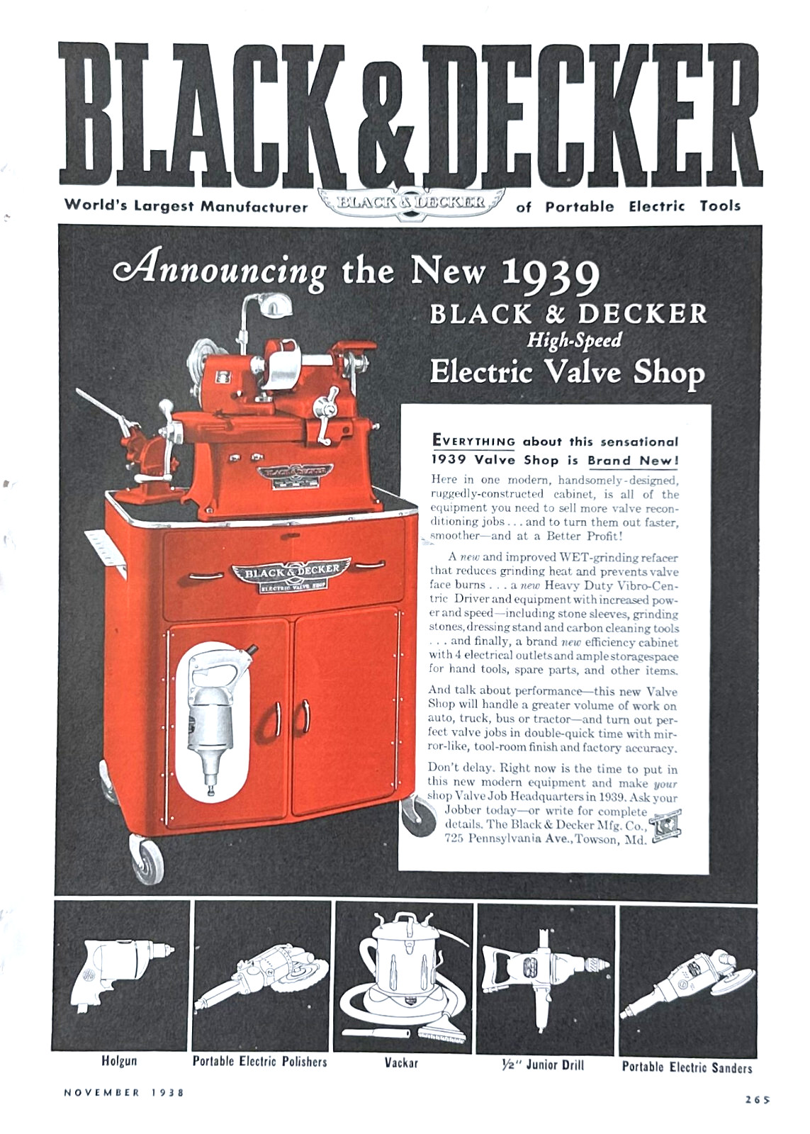 1938 Ad Black & Decker Mfg Co Towson MD Electric Valve Shop Wet Grinding Refacer