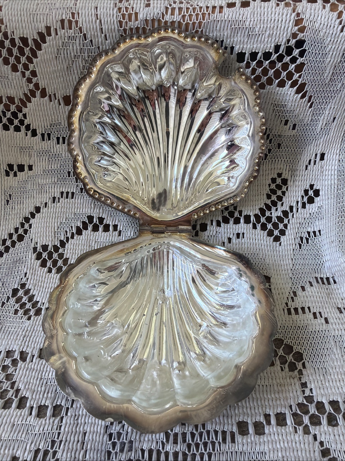 VTG Leonard Silver Plate Clam Shell Caviar Dish Removable Glass Insert 5”x5”