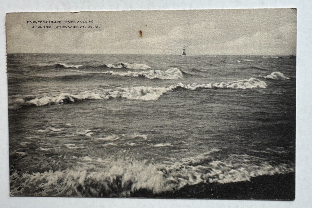 1913 NY Postcard Fair Haven New York Bathing Beach surf lighthouse in distance