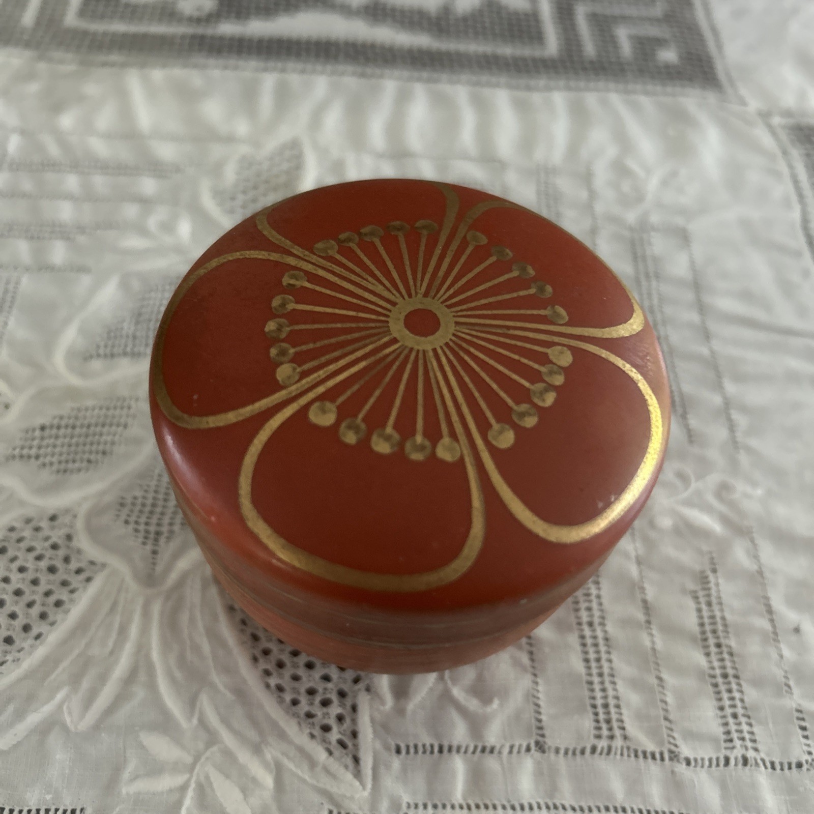 Kutani style  Round Trinket Box Japan Orig Tag 1950's VTG PLUM BLOSSOM design