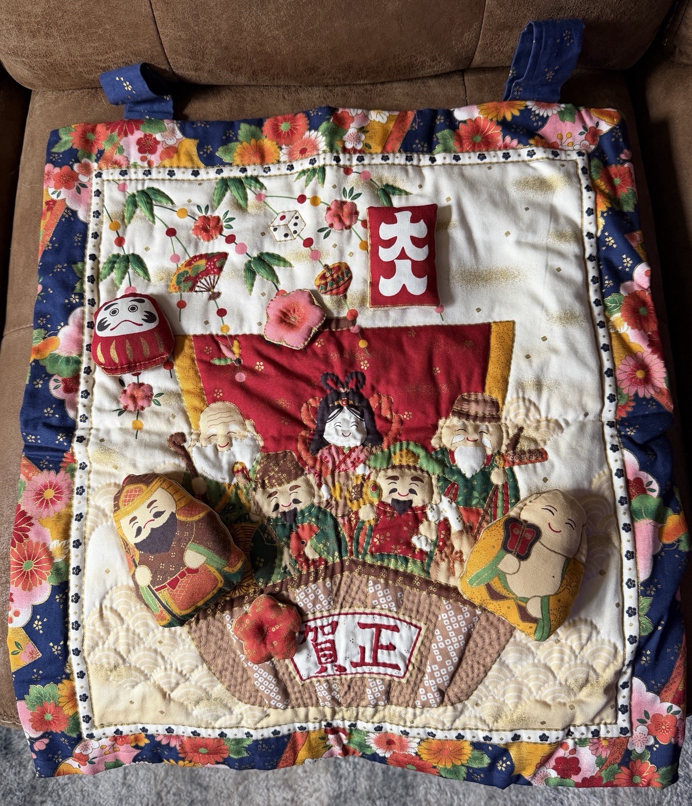 Vintage Japanese Seven Lucky Gods Shichifukujin Quilted Wall Hanging Daruma 20”