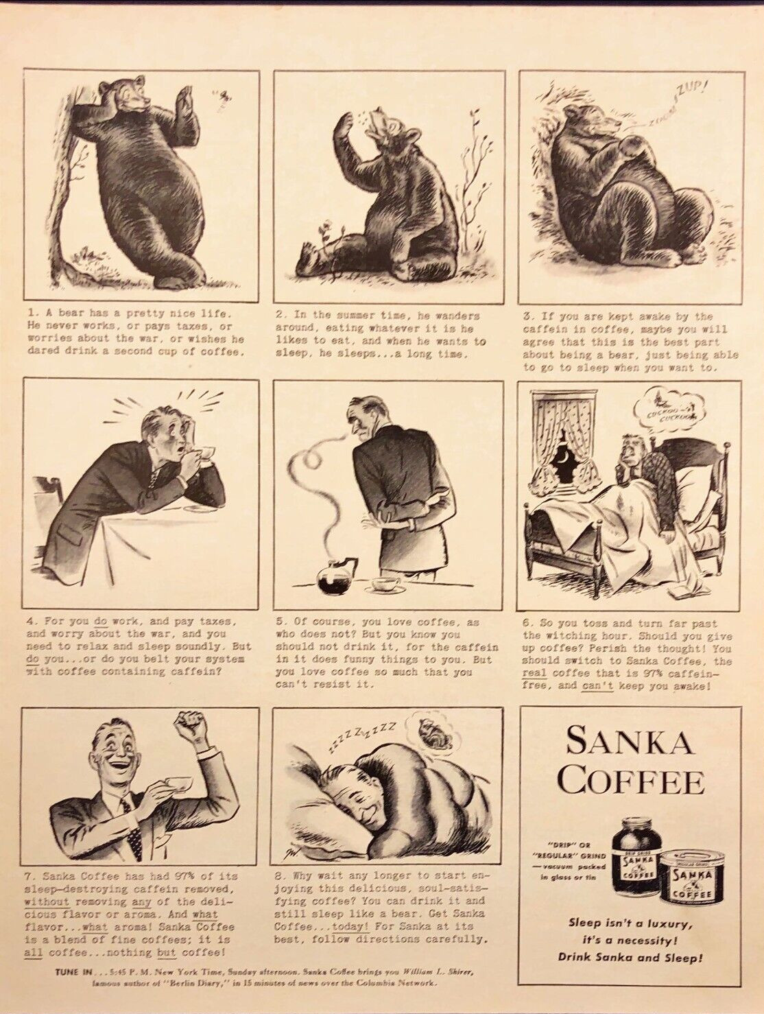 1942 Sanka Coffee Drink Sanka and Sleep Vintage Print Ad