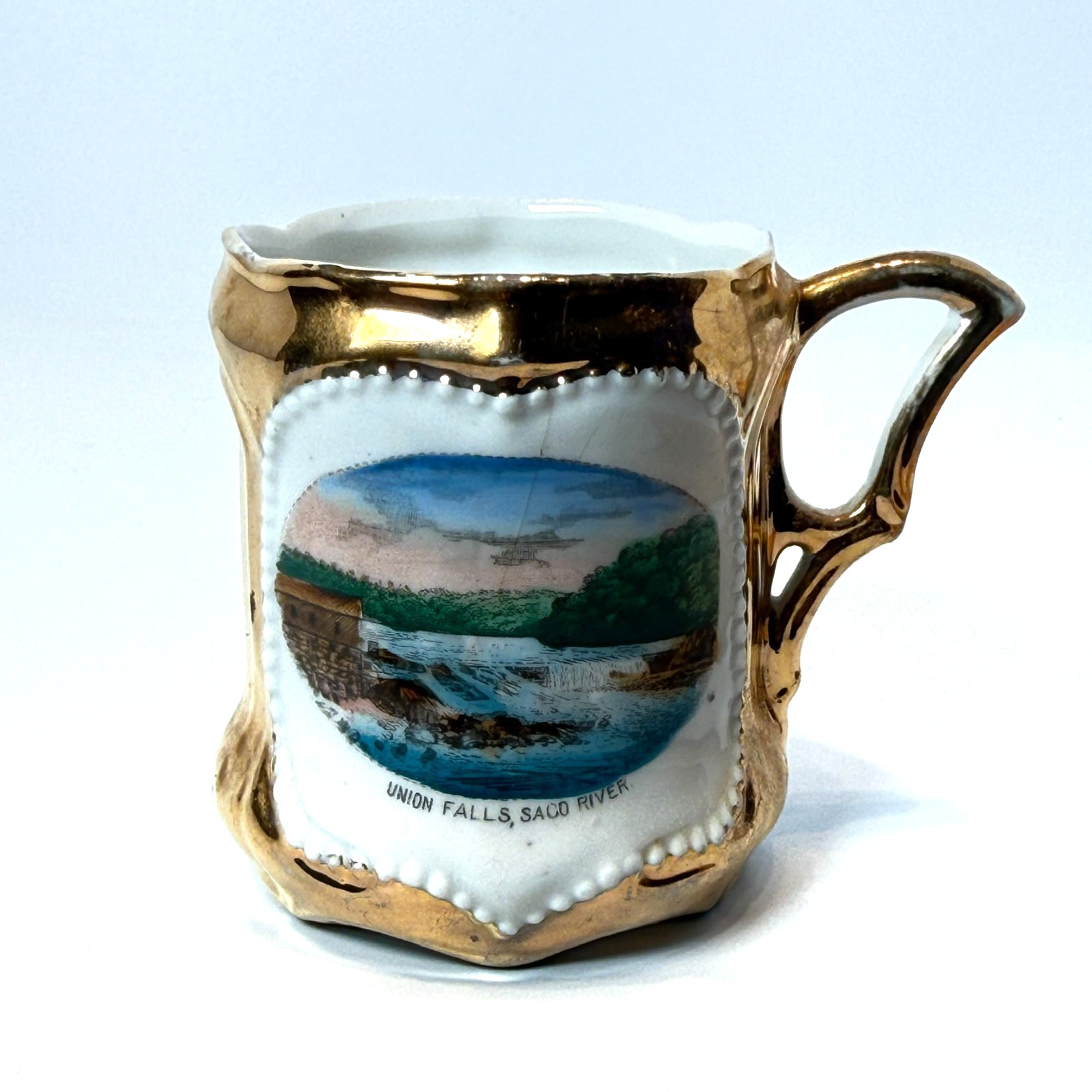 UNION FALLS - SACO RIVER - MAINE ME Antique Souvenir China TRINKET Gold CUP