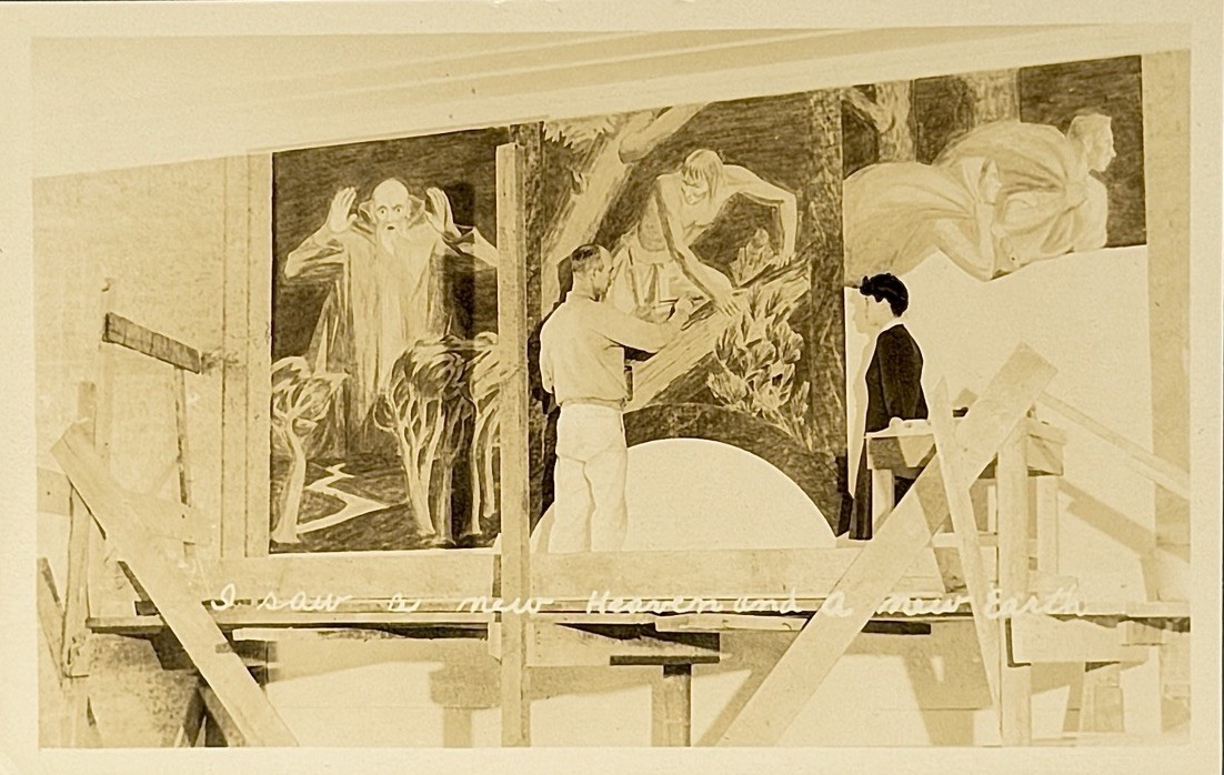 Vintage RPPC Postcard WPA Era Mural Painting Scaffolding 